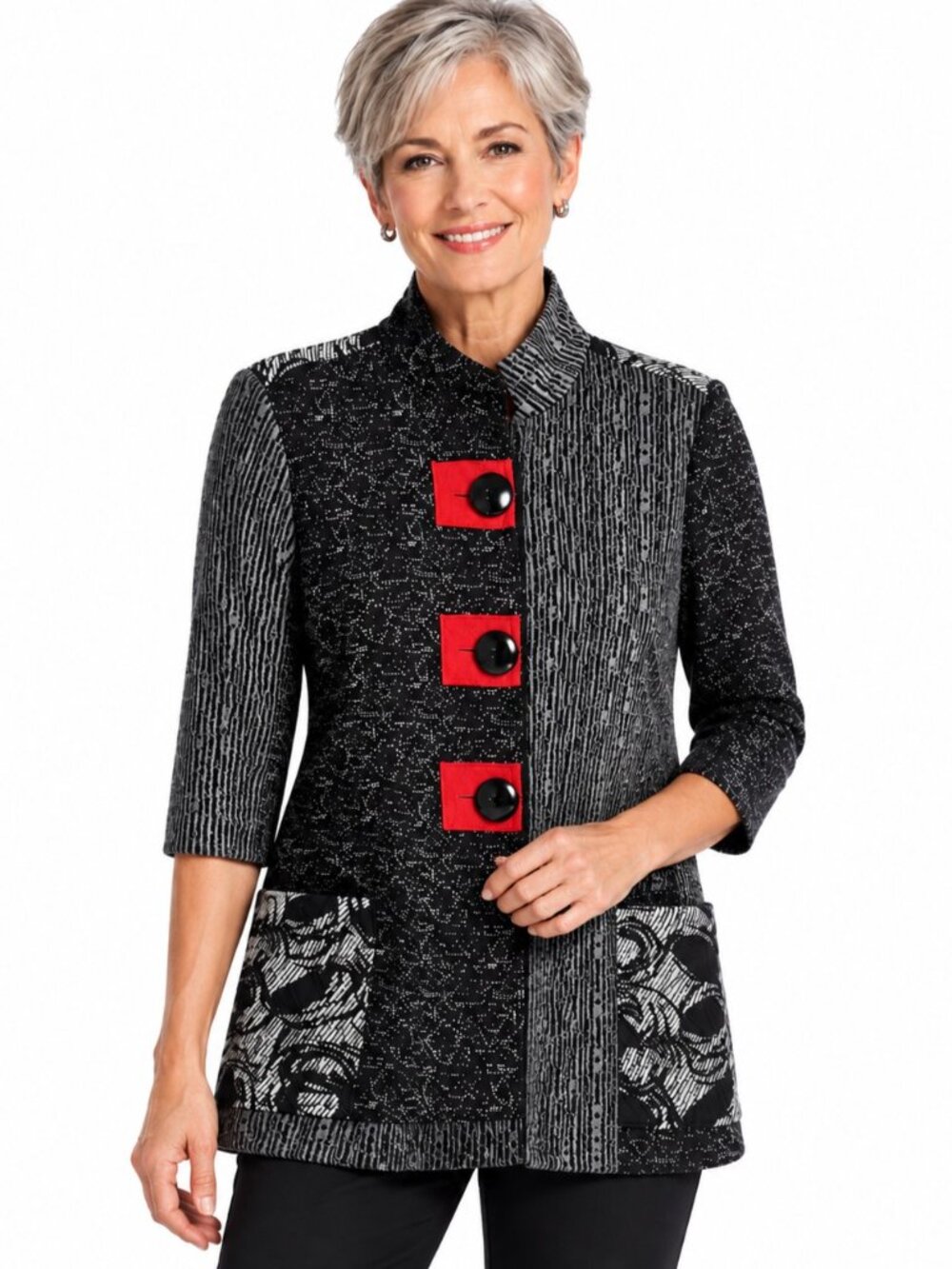 Ali Miles Black Grey Red Textured Knit Jacket